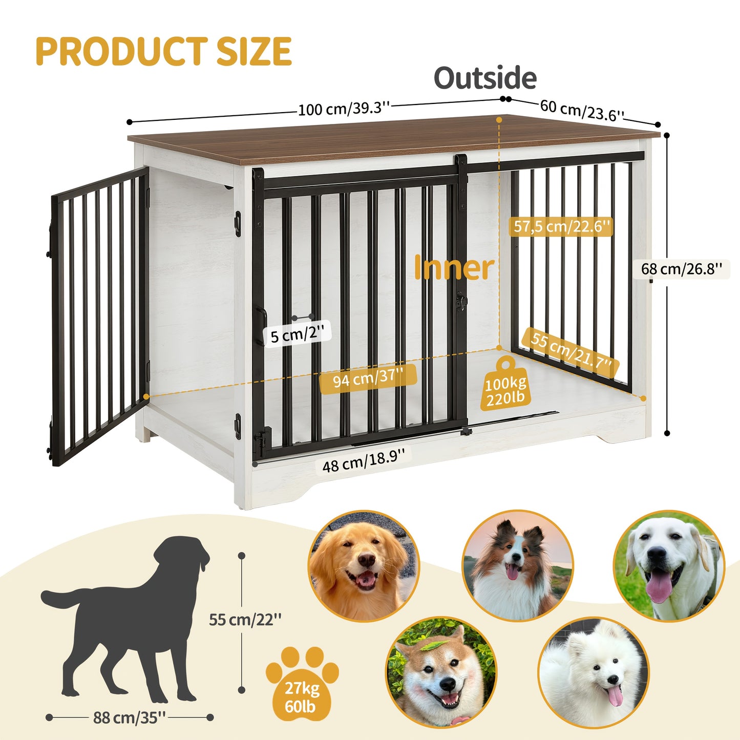 Hondenbench – Hondenkooi – Hondenhok – Hondenrek – Dierenbench – Wit Bruin – Duurzaam Hout & Staal – Heavy-Duty Anti-Kauw & Tweedelige Schuifdeuren – 60x100x68 cm