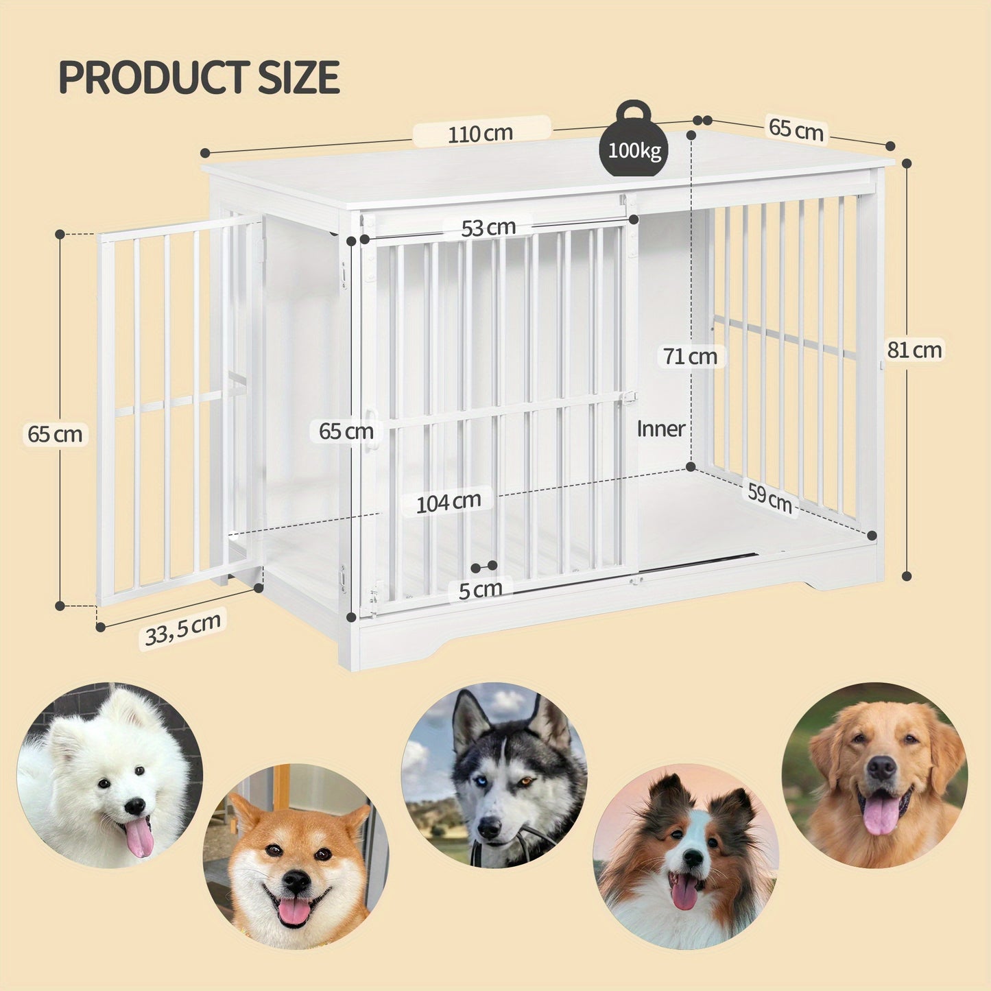 Hondenbench – Hondenkooi – Hondenhok – Bench – Hondenbox – Modern Design – 2 Schuifdeuren Met Slot – 65x110x81 cm – Geschikt Voor Grote Honden Tot 100 kg