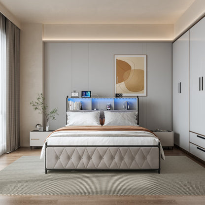 Tweepersoonsbed – Opbergbed – Bed met Lade – LED Hoofdbord – 180x200 cm – Fluweel Bekleed – USB Oplaadpoort – Luxe Beige