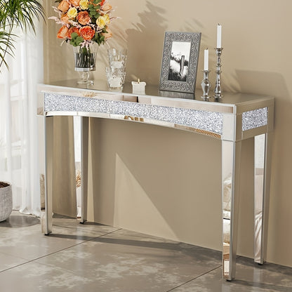 Spiegelende Sidetable – Console Tafel – Bijzettafel – Halmeubel – Make-uptafel – Glamoureuze Diamantkristal Afwerking – 120x35x80,5 cm – Glas en Hout