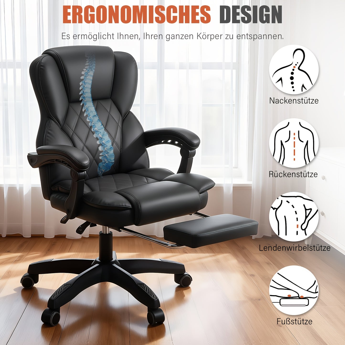 Bureaustoel – Office Chair – Ergonomische Stoel – Gamingstoel – Bureaustoel Met Voetensteun – Verstelbare Rugleuning – Rvs Frame