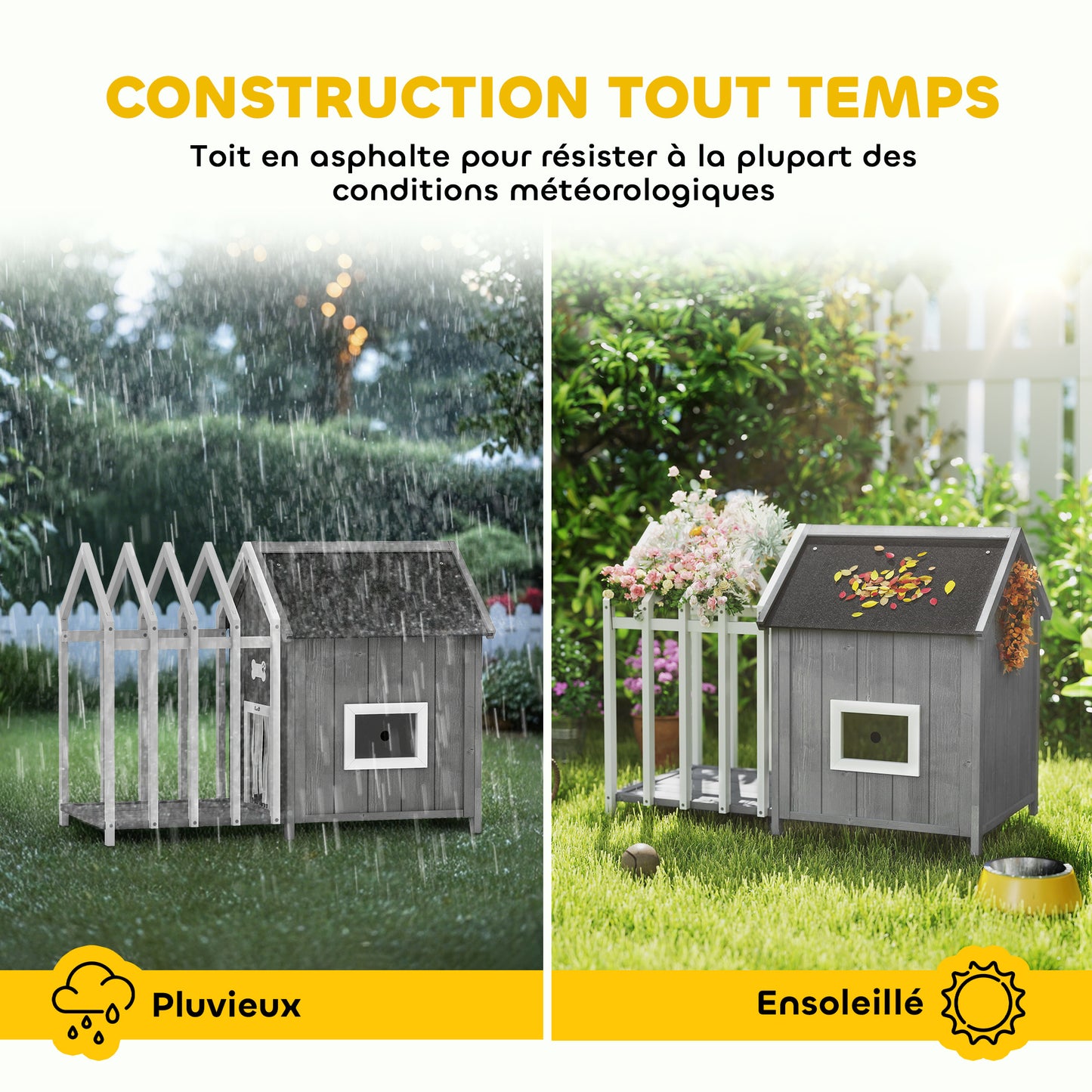 PawHut Outdoor Wooden Dog House with Terrace and Fence, Slatted Door, and Pointed Bitumen Roof, for Garden, Yard, Veranda, Patio, 106 x 62.5 x 80.5 cm, Gray