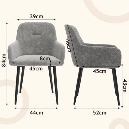 Eetkamerstoel – Kuipstoel – Armstoel – Keukenstoel – Stoel – Velvet Bekleding – Metalen Onderstel – Set Van 2 – Met Armleuningen – Comfortabele Zitting – Grijs