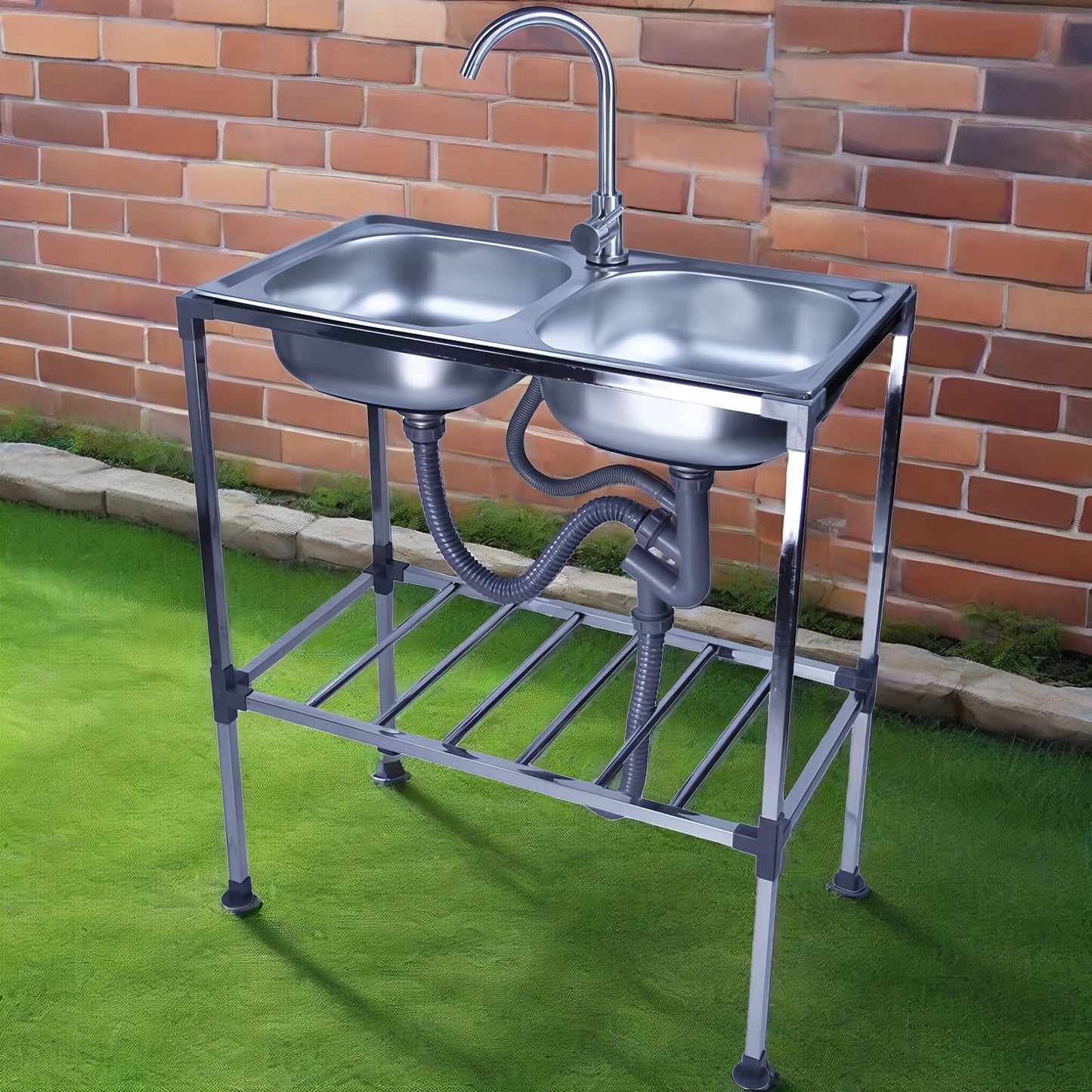 Double Bowl Kitchen Sink, Freestanding Sink with Hot And Cold Water Faucet, Portable Sink with Drain Kit Suitable for Camping, Balcony, Garage