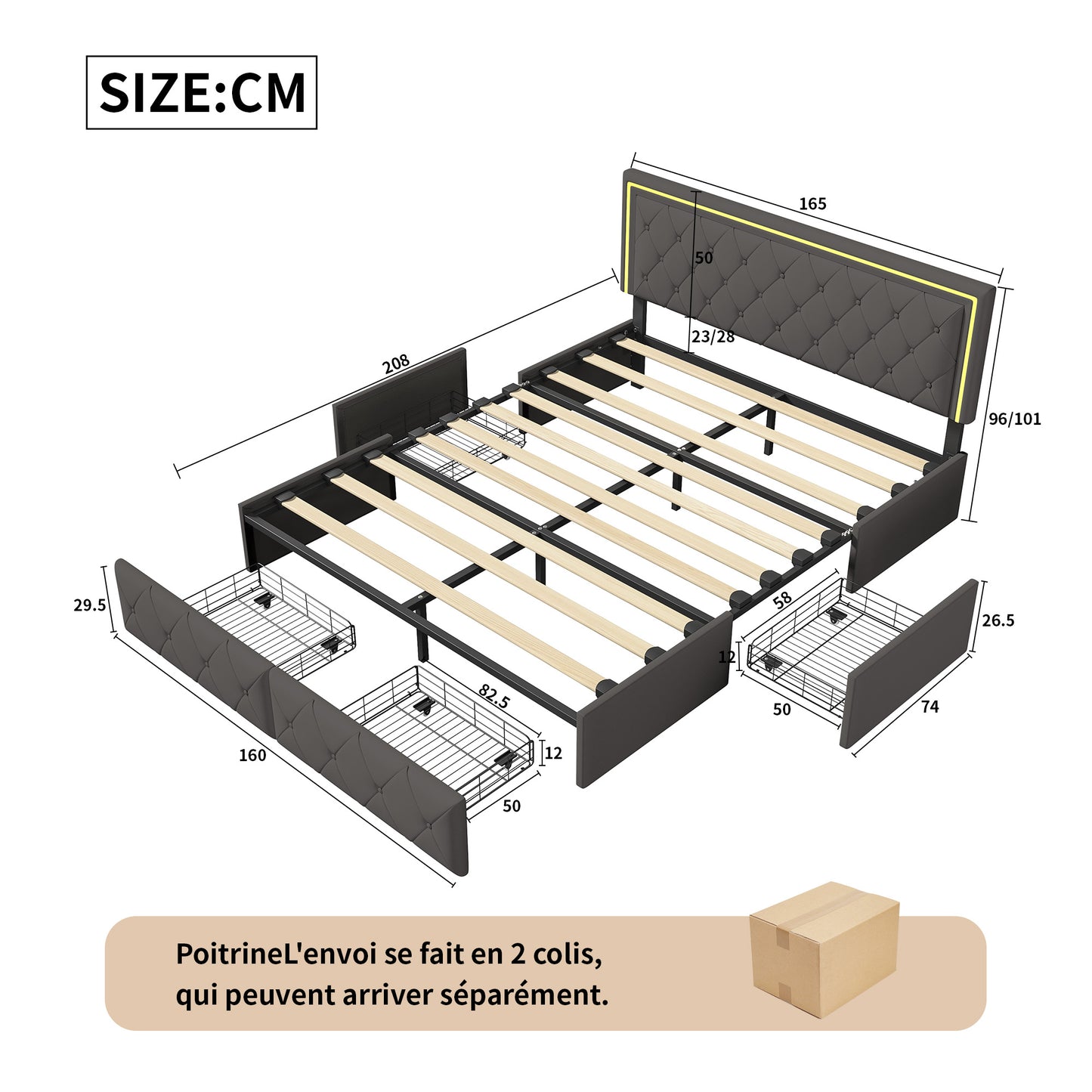 Tweepersoonsbed – Bedframe – Bed – Slaapbed – Ledikant – Donkergrijs – 160x200 cm – 4 Uitschuifbare Laden – Verstelbaar Hoofdbord