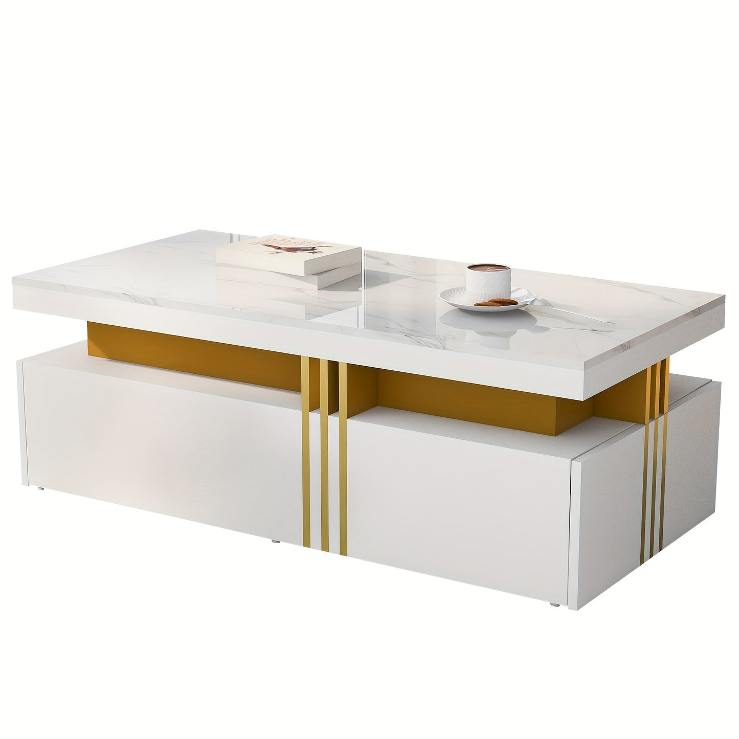 Modern Coffee Table with 2 Storage Drawers - High-Gloss White Artificial Marble Top & Golden Metal Handles, 100x50x40cm, Hardwood Frame, Easy Assembly for Living Room, Coffee Table for Living Room, Decorative Centerpiece, Min