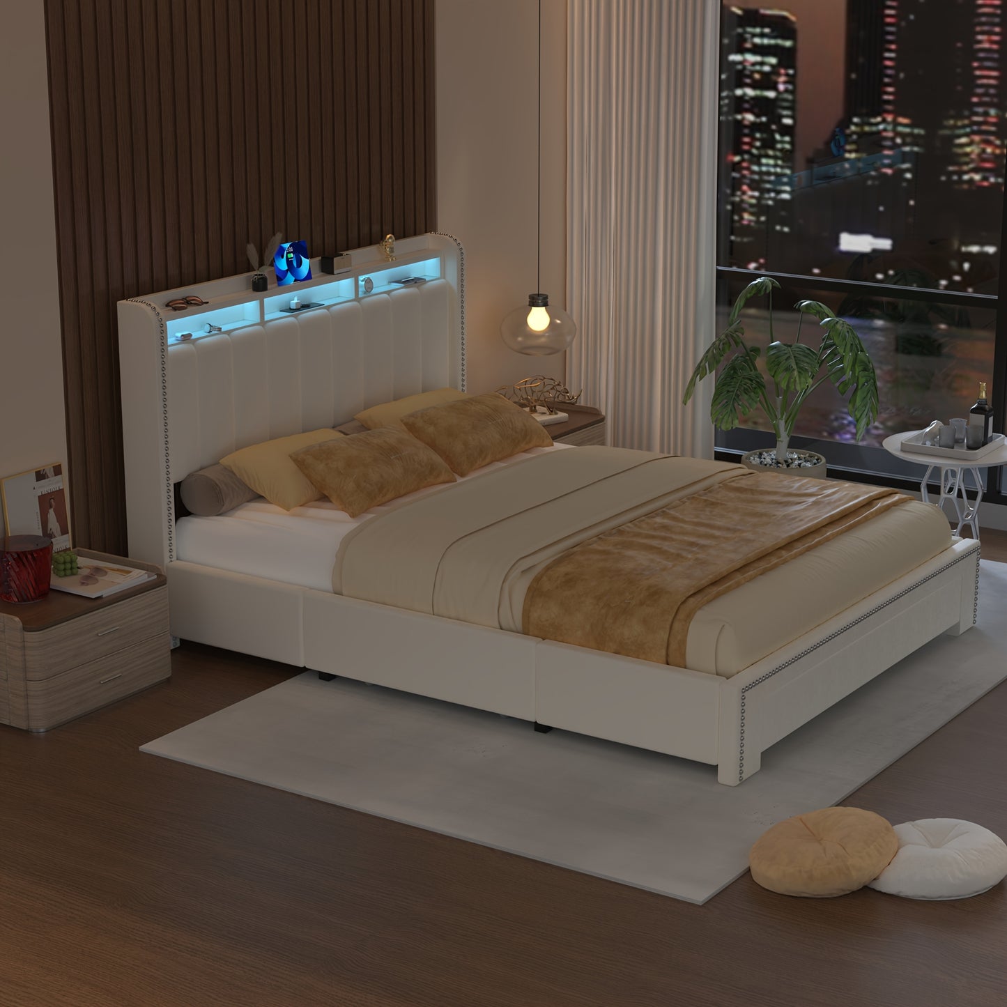 Upholstered Bed Frame with 3-Drawer Storage & Storage Headboard with LED Lighting & USB-Powered Charging Station - Modern Platform Bed with USB Ports, Sturdy Metal Frame, Easy Assembly, / Contemporary Design, 140x200cm (53"x7