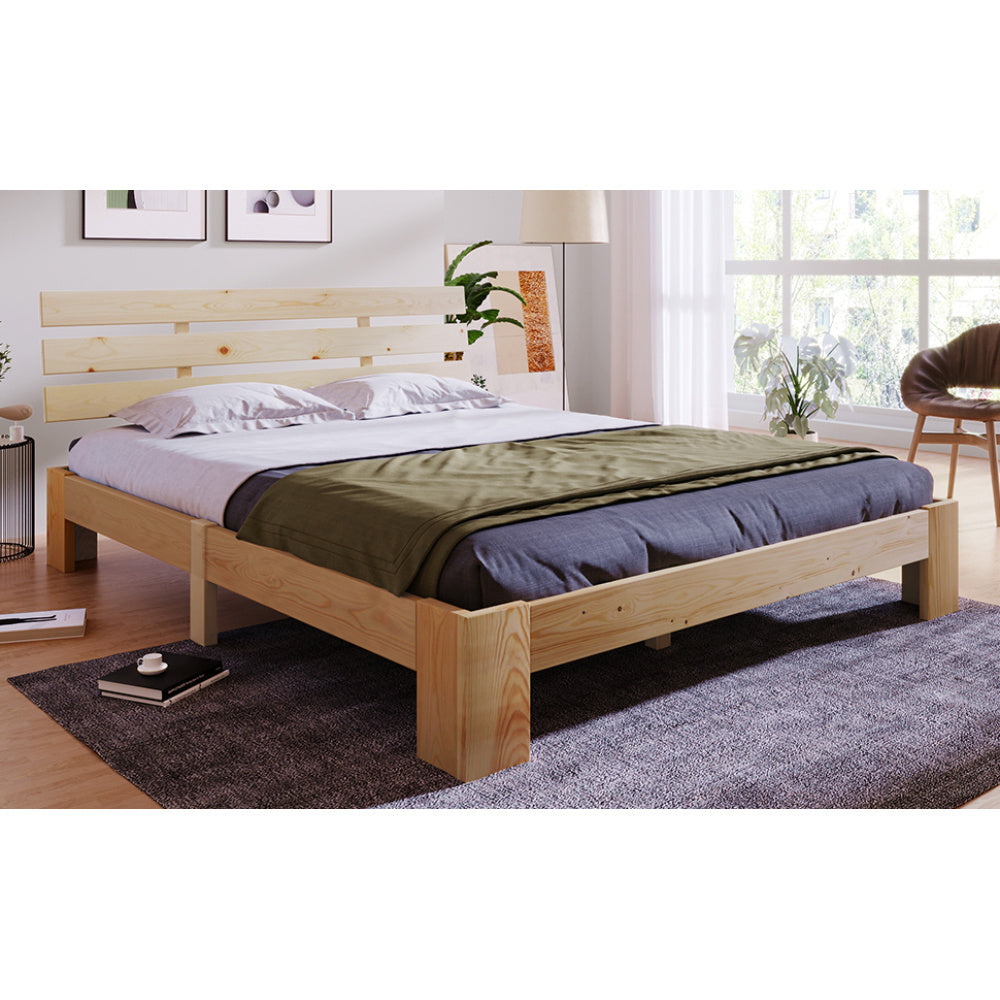 Massief Houten Tweepersoonsbed – Houten Bed – Slaapbank – Bedframe – Slaapmeubel – Massief Dennenhout – Inclusief Hoofdbord en Lattenbodem – 200x140 cm – Duurzaam & Eenvoudig Te Monteren