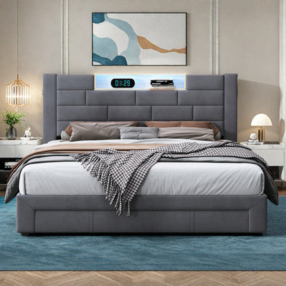 Tweepersoonsbed – Bedframe – Opbergbed – Led Bed – Bed Met Lade – Opslagruimte – USB Oplaadpoort – Fluwelen Metalen Frame