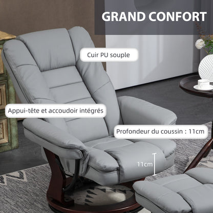 Relaxfauteuil – Relaxstoel – Loungestoel – Zitfauteuil – Fauteuil Met Voetensteun – Grijs – Verstelbare Rugleuning Tot 135° – 360° Draaibaar Met Houten Onderstel