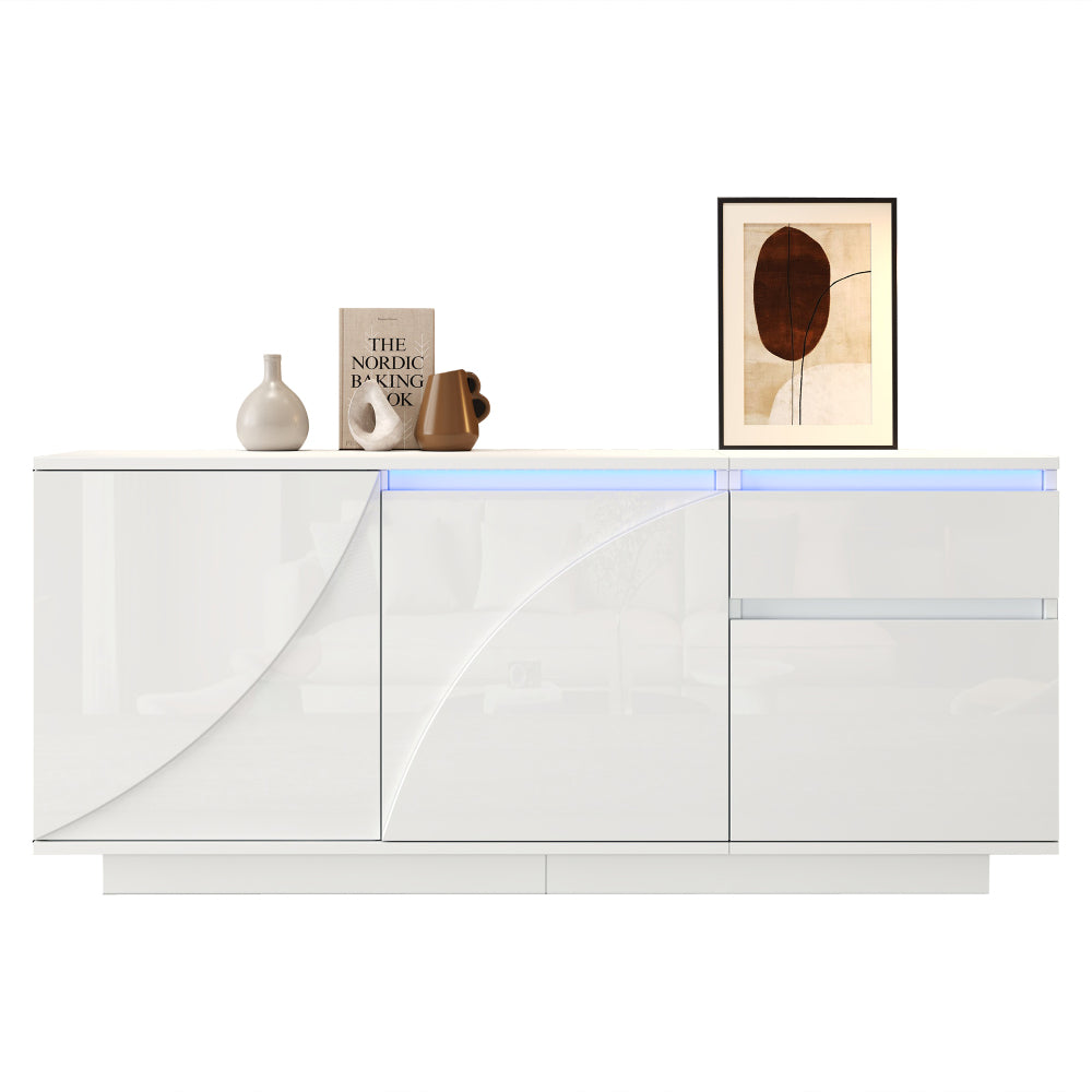 Modern White MDF Sideboard with 3 Doors & 1 Drawer - High-Gloss Contemporary Storage Cabinet with Adjustable Shelves, Golden-Toned Hardware, Space-Saving Design for Living Room, Dining Room, Entryway - Durable Metal Frame & M