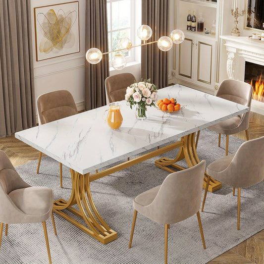 Eettafel – Tafel – Keukentafel – Dinertafel – Eetkamertafel – Rechthoekig – Wit met Gouden Accenten – Met Metalen Trestle Poten – 63 Inch voor 4-6 Personen