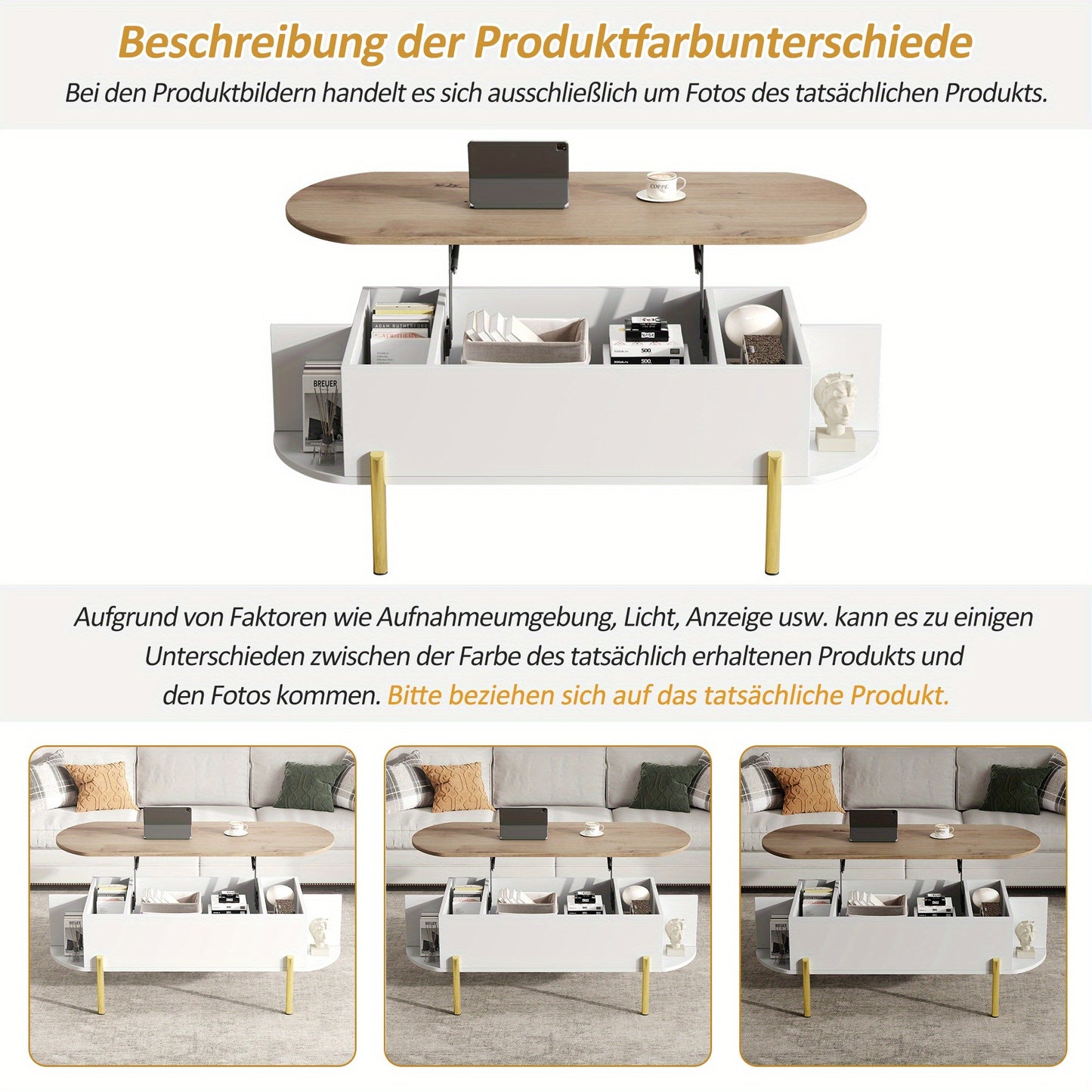 Salontafel Verstelbaar – Koffietafel – Bijzettafel – Opbergtafel – Woonkamertafel – Bamboe Materiaal – 7 Verborgen Vakken – Gouden Poten