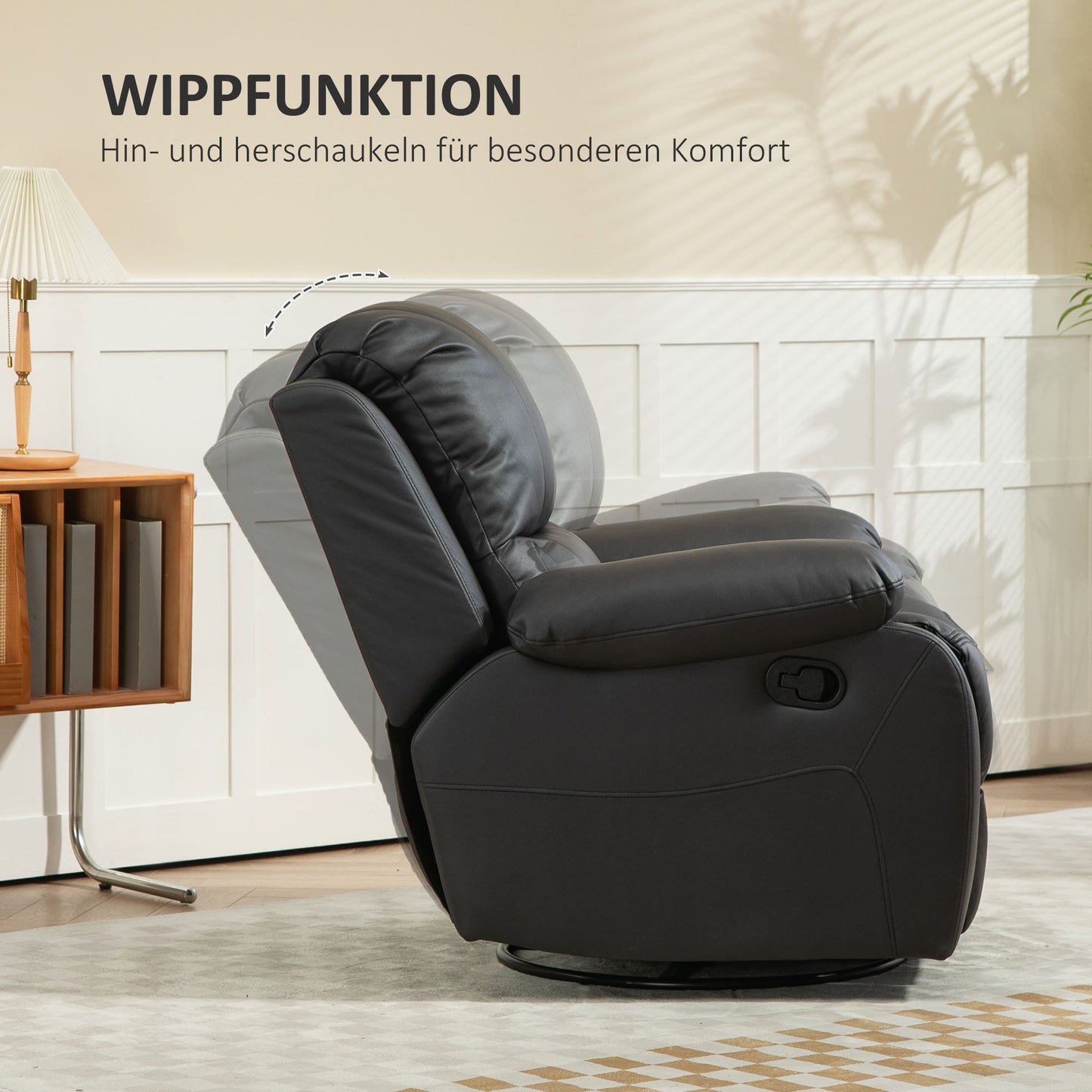Relaxfauteuil – Relaxstoel – TV Stoel – Draaifauteuil – Ligstoel – Zwart – Verstelbare Rugleuning Tot 135° – Draaibaar En Schommelend