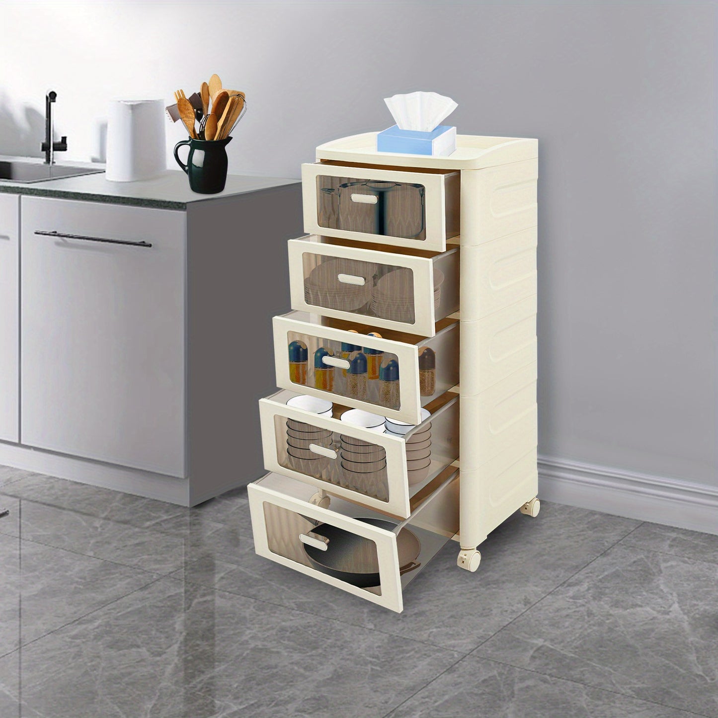 Opbergkast – Opbergbox – Ladenkast – Opbergrek – Organizer – 5 Laden – Wieltjes Met Rem – Compact 41,7x32x97 cm – Modern Wit Transparant – Stevig Lichtgewicht Plastic