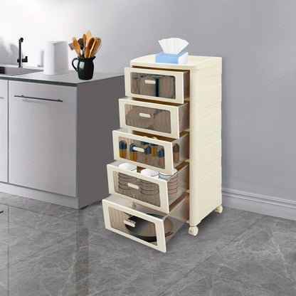 Opbergkast – Opbergbox – Ladenkast – Opbergrek – Organizer – 5 Laden – Wieltjes Met Rem – Compact 41,7x32x97 cm – Modern Wit Transparant – Stevig Lichtgewicht Plastic