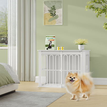 Hondenbench – Hondenkooi – Hondenhok – Hondenrek – Huisdier Bench – Met Zijtafel – Dubbele Deuren – Geschikt Voor Kleine en Middelgrote Honden – Wit Met Houtlook – Stevig Metaal en Waterbestendig Spaanplaat