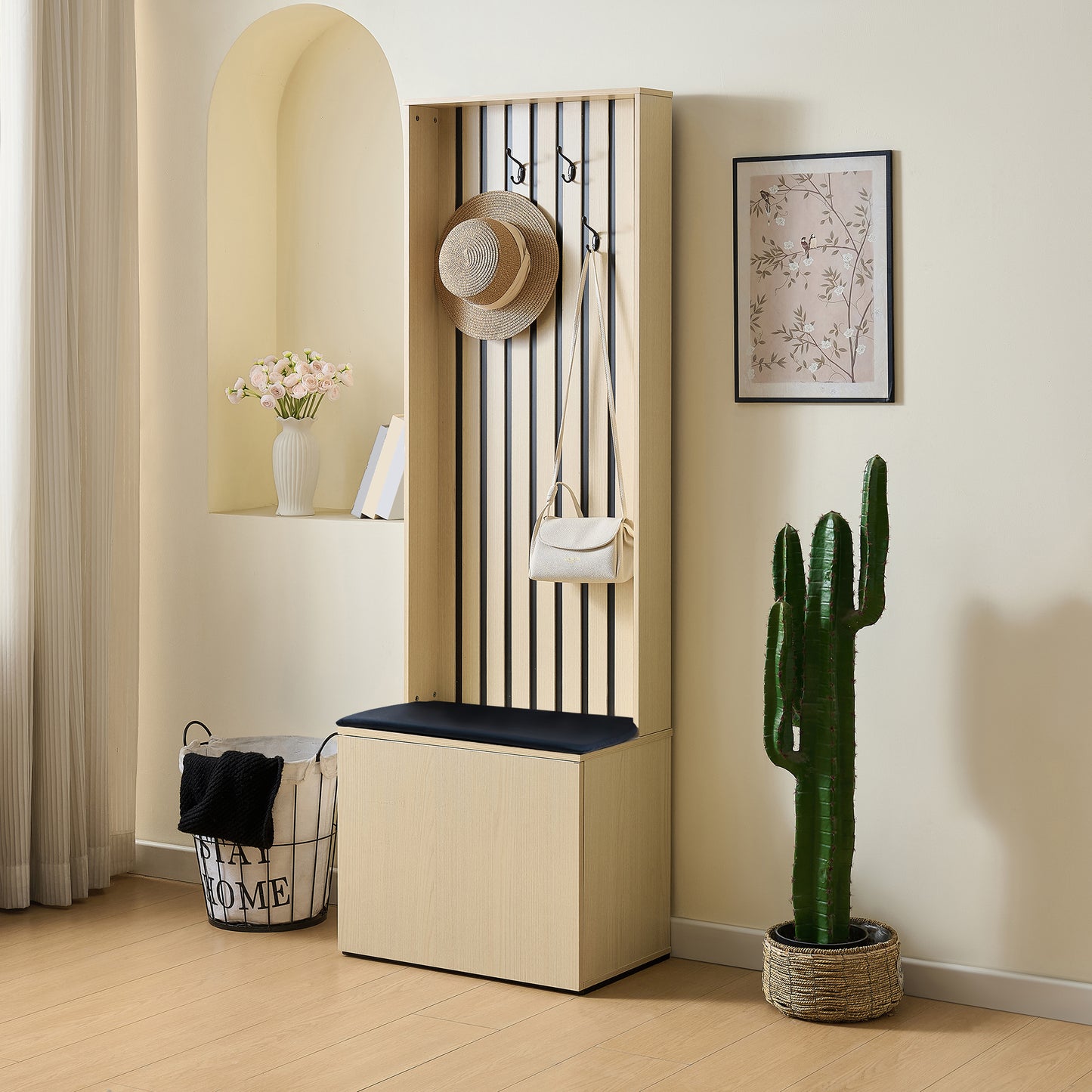 BTM Hallway Coat Rack, Coat Panel with Bench and Storage Space, Wood-Look Coat Furniture with 4 Hooks and Soft Cushion, Modern Design, 179.5 cm