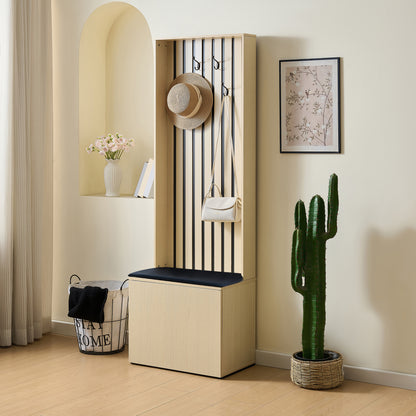 BTM Hallway Coat Rack, Coat Panel with Bench and Storage Space, Wood-Look Coat Furniture with 4 Hooks and Soft Cushion, Modern Design, 179.5 cm
