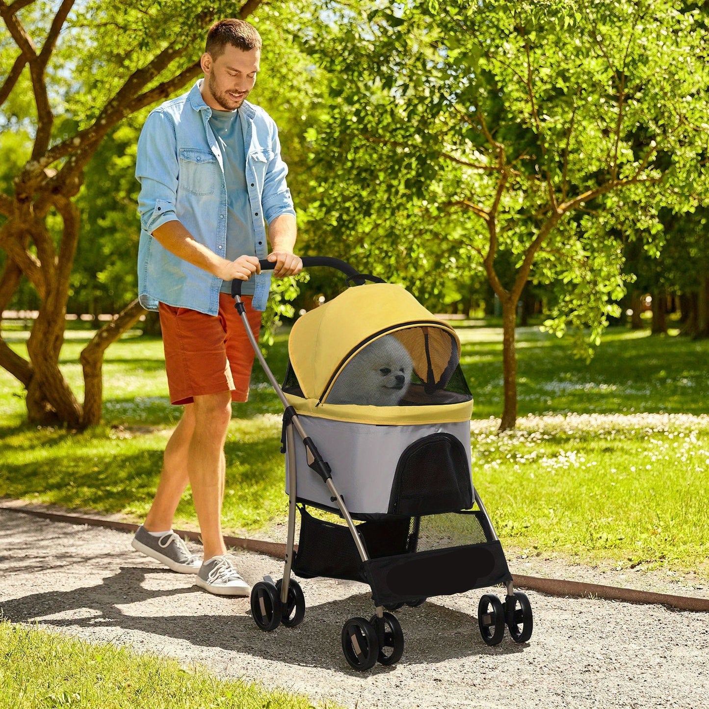 Honden Trolley – Hondenwagen – Huisdier Buggy – Draagtas – Hondenwagen Opvouwbaar – Oxford Stof – Ventilerend Gaasvenster – Geel