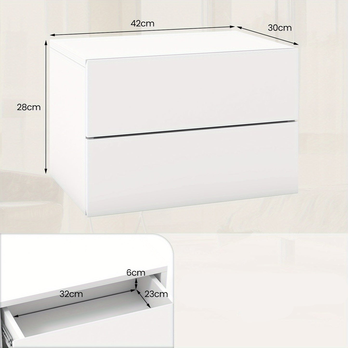 Nachtkastje – Nachtkastjes – Zwevend Kastje – Bijzettafel – Wandkast – Set van 2 – Wit – Metaal – 42x30x28 cm – 2 Lades – Ruimtelijk & Stijlvol