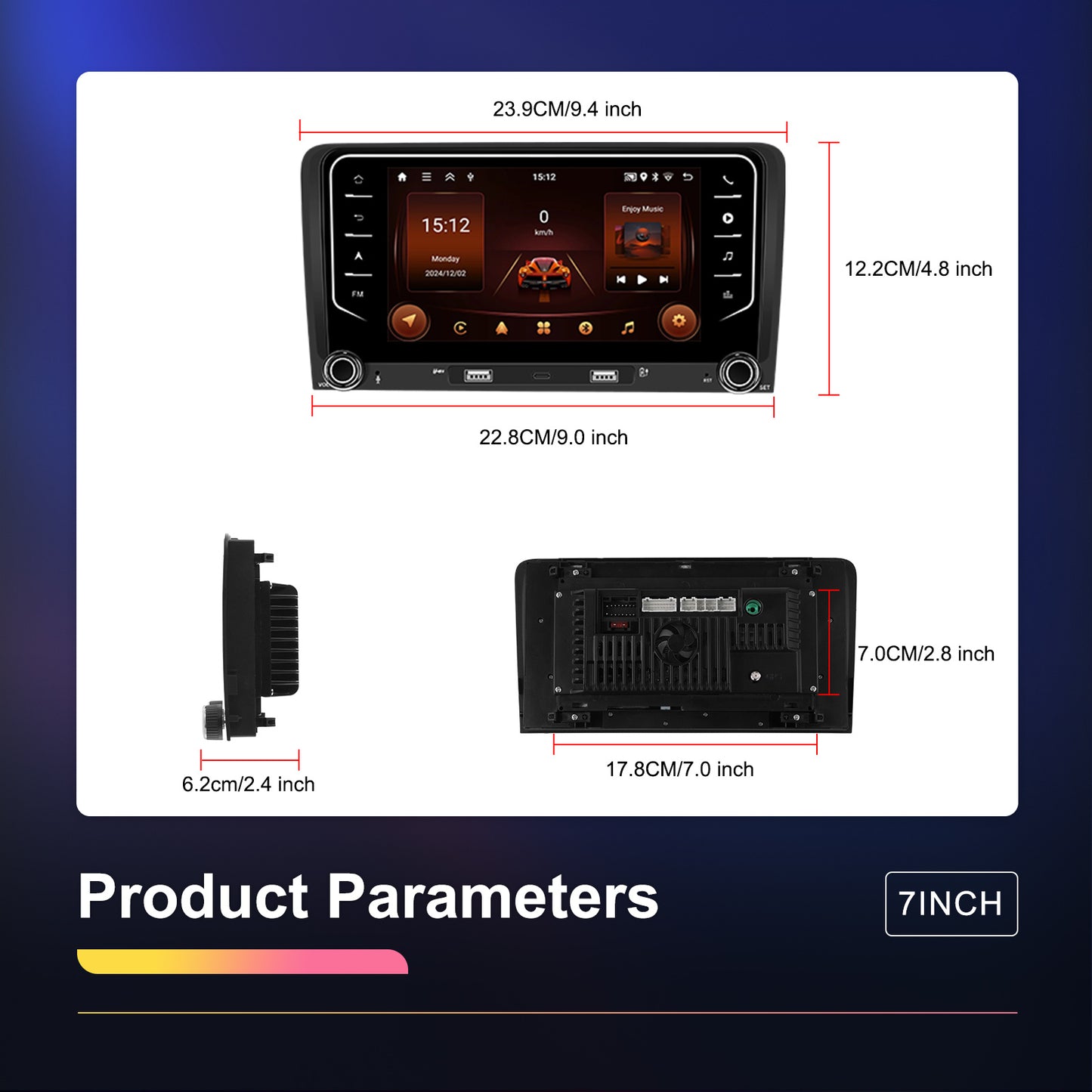 Android 15 Autoradio – Car Stereo – Multimedia Speler – Navigatiesysteem – Bluetooth Radio – 7 Inch Touchscreen – Draadloze CarPlay & Android Auto – AHD Achteruitrijcamera & Microfoon