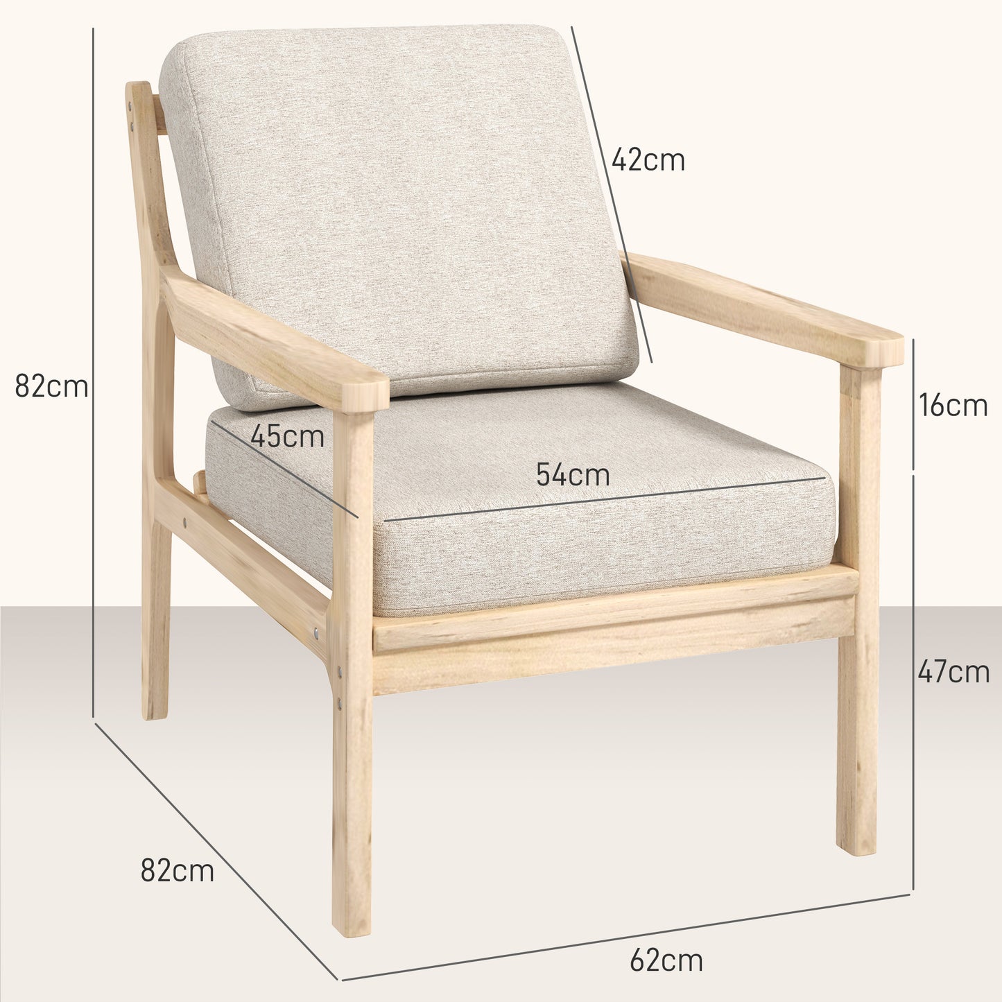 Scandinavische Fauteuil – Relaxstoel – Leunstoel – Woonkamerstoel – Slaapkamerstoel – Linnen-Effect Bekleding – Verwijderbare Wasbare Kussens – Licht Houten Frame – Beige – 62 x 82 x 82 cm