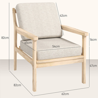 Scandinavische Fauteuil – Relaxstoel – Leunstoel – Woonkamerstoel – Slaapkamerstoel – Linnen-Effect Bekleding – Verwijderbare Wasbare Kussens – Licht Houten Frame – Beige – 62 x 82 x 82 cm