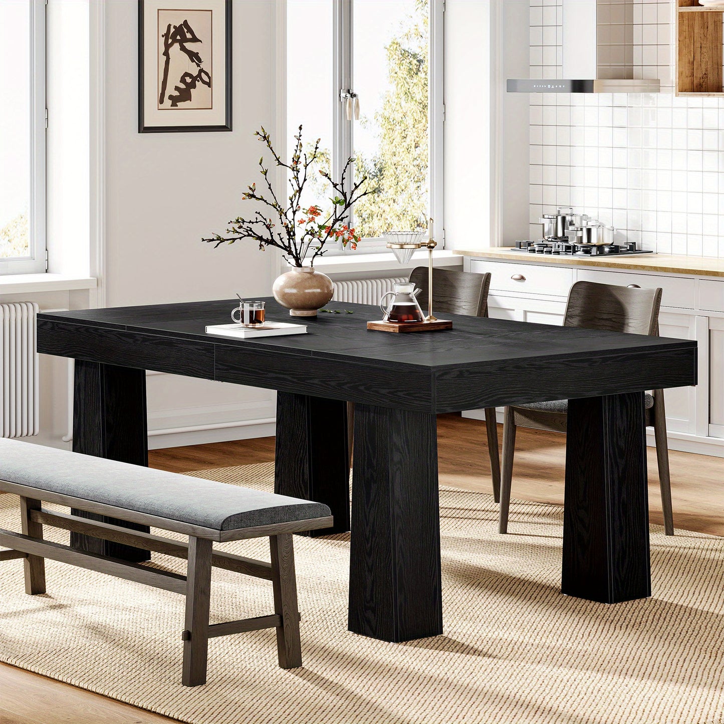 Modern Industrieel Eettafel – Keukentafel – Eettafel Rechthoekig – Tafel Met Poten – Grote Eettafel – 63 Inch – Stabiele Constructie Van Hout – Zwart Met Natuurlijke Houtnerf