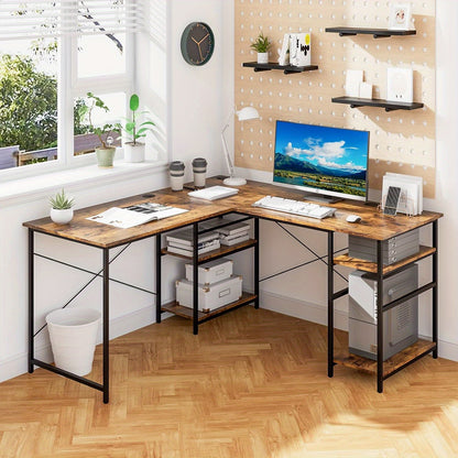 L-vormig Bureau – Hoekbureau – Computertafel – Thuiswerkplek Bureau – Bureau Met Opbergruimte – 242 cm Lang – Met Stevig Metalen Frame – Bruin Houtlook