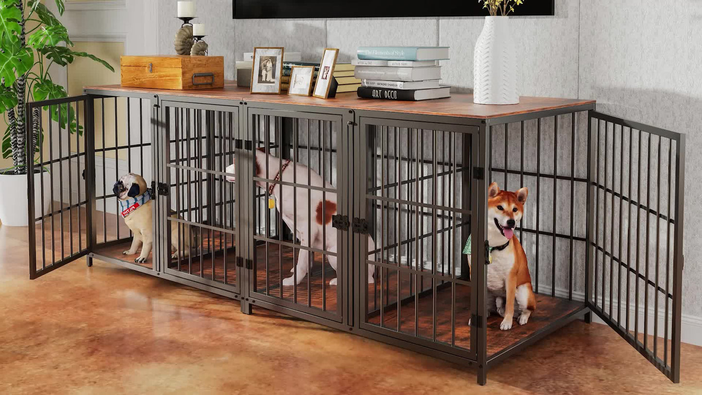Hondenbench – Hondenkooi – Hondenmand – Puppyren – 90x62x68,5 CM – Stevig IJzeren Frame Met Houten Afwerking – Vier Deuren Met Tussenschot