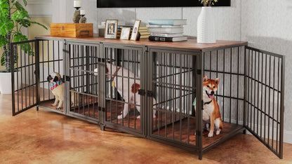 Hondenbench – Hondenkooi – Hondenmand – Puppyren – 90x62x68,5 CM – Stevig IJzeren Frame Met Houten Afwerking – Vier Deuren Met Tussenschot