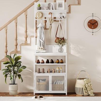 Kapstok – Jashaak – Schoenenrek – Garderoberek – Entree Organizer – Wit – Smal Design – 7 Haken – 3 Laags Schoenenrek – Hoogwaardige MDF & Metaal
