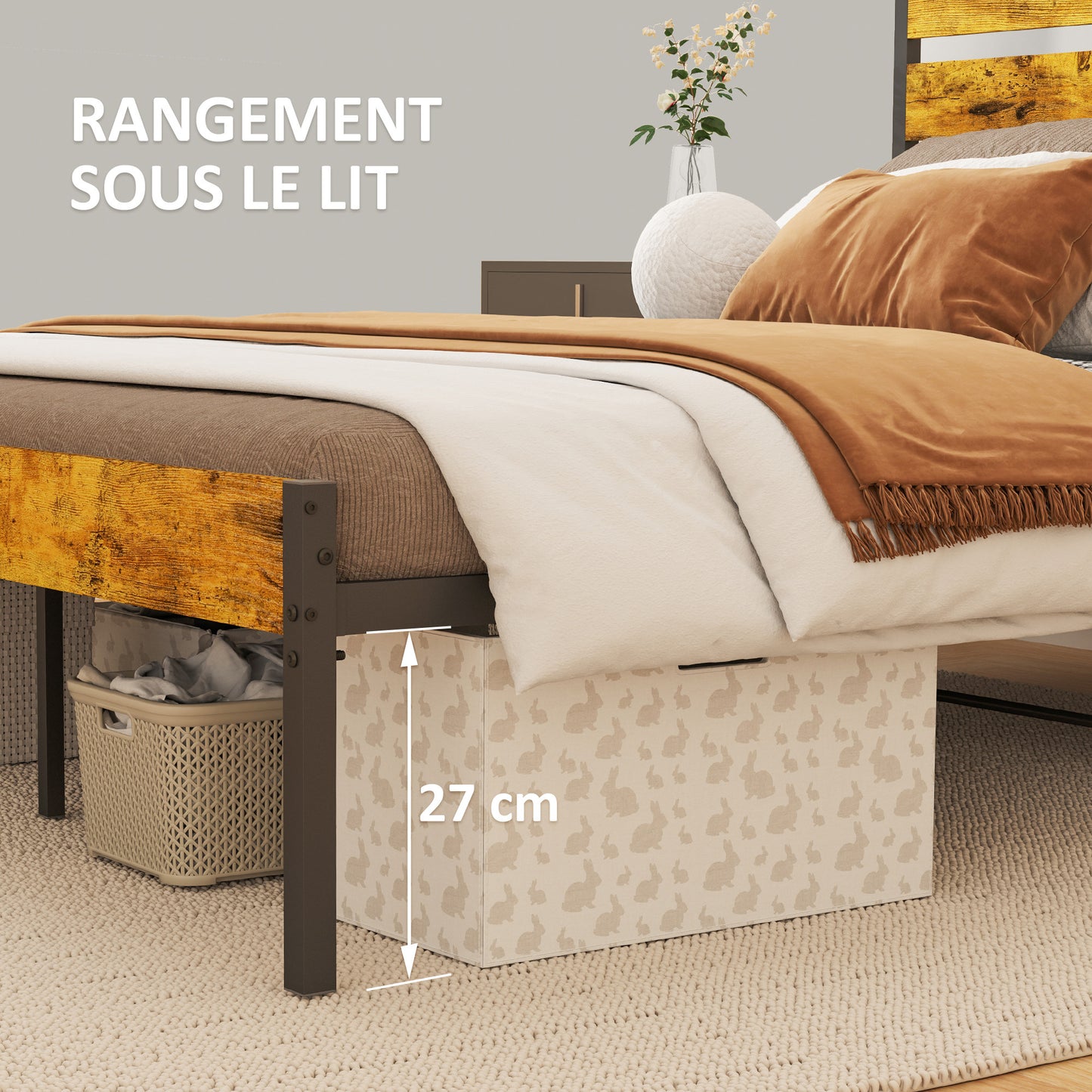 Tweepersoonsbed – Dubbelbed – Bedframe – Lattenbodem – Industrieel Bed – 160x200 cm – Onderbed Opbergruimte – Hout en Staal