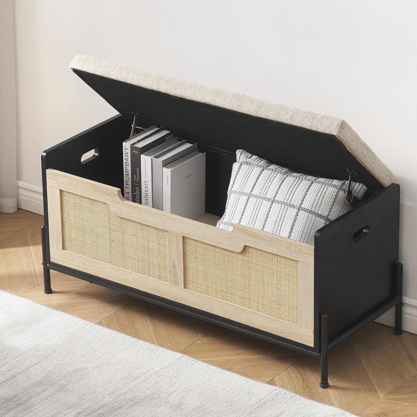 Schoenenbank – Schoenenkast – Opbergbank – Zitbank – Opbergruimte – Extra breed – Veiligheidsscharnieren – Draagvermogen 99,79 kg – Zwart rattan-effect