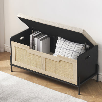 Schoenenbank – Schoenenkast – Opbergbank – Zitbank – Opbergruimte – Extra breed – Veiligheidsscharnieren – Draagvermogen 99,79 kg – Zwart rattan-effect