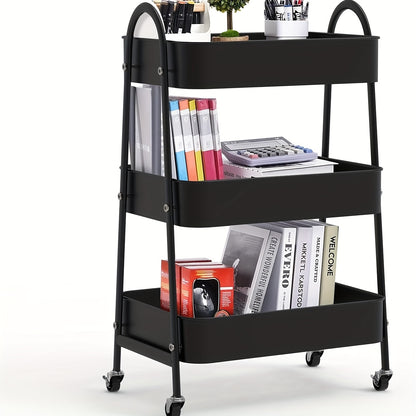 Keukentrolley – Opbergtrolley – Serveerwagen – Keukenwagen – Trolley op Wieltjes – Metaal – Compact 43x30x76,5 cm – 3 Ruime Mandjes – 360° Zwenkwieltjes