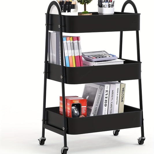 Keukentrolley – Opbergtrolley – Serveerwagen – Keukenwagen – Trolley op Wieltjes – Metaal – Compact 43x30x76,5 cm – 3 Ruime Mandjes – 360° Zwenkwieltjes