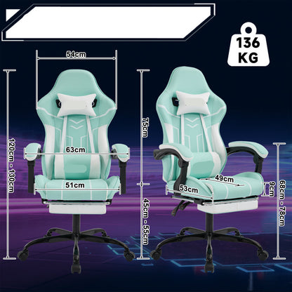 Ergonomische Gaming- En Bureaustoel – Comfortstoel – Werkstoel – Studiefauteuil – Mintgroen Met Witte Mesh – Verstelbare Rugleuning – Ademend Netweefsel