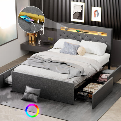 Tweepersoonsbed – Bedframe – Slaapbed – Opbergbed – Led Bed – 140x200 cm – Gestoffeerd Hoofdeinde – 4 Lade Opbergruimte