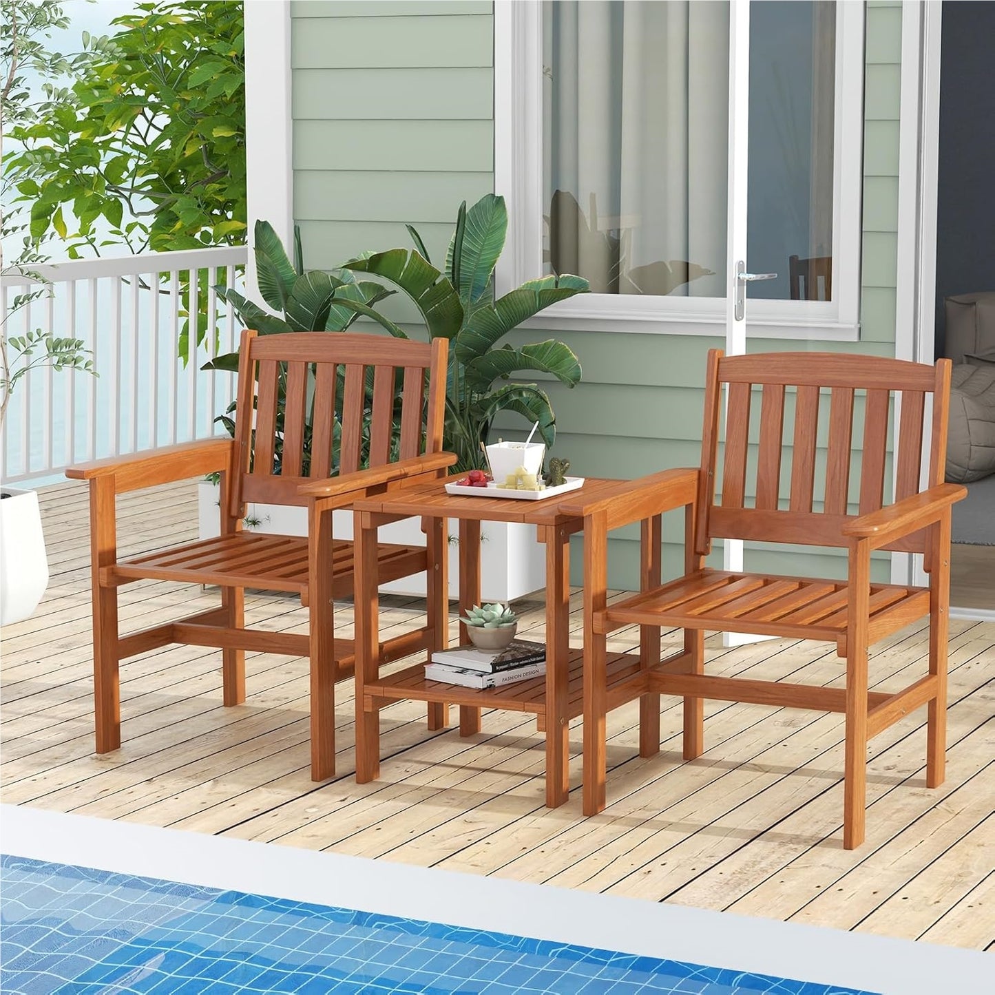 Tuinbank – Tuinset – Buitenbank – Balkonbank – Acaciahouten Bank – 2 Persoons – Met Zijtafel – Parasoluithouder – Weerbestendig Hout – Ergonomisch Design