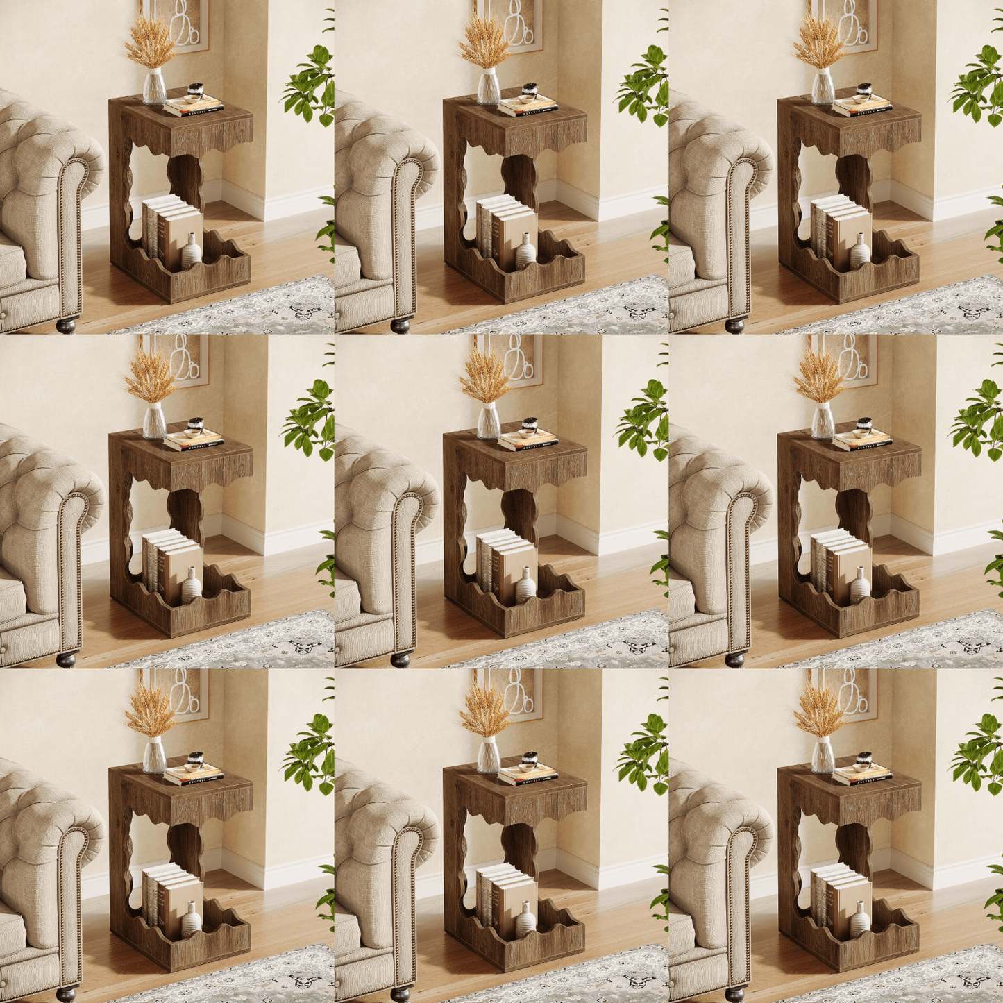 Bijzettafel – Bijzettafeltje – Nachtkastje – Banktafel – Salontafel – Smal C-Vormig Ontwerp – Stevig Geperst Hout – Compact en Ruimtebesparend – Bruin