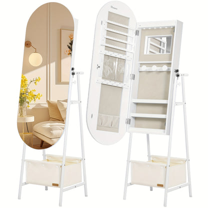 Jewelry Cabinet, Standing Mirror Cabinet, Built-in 6-LED Lighting And Mirror, Lockable, Wall Cabinet with Mirror, with Hanging Compartments And Baskets, Modern Elegance, White, Jewelry Armoires