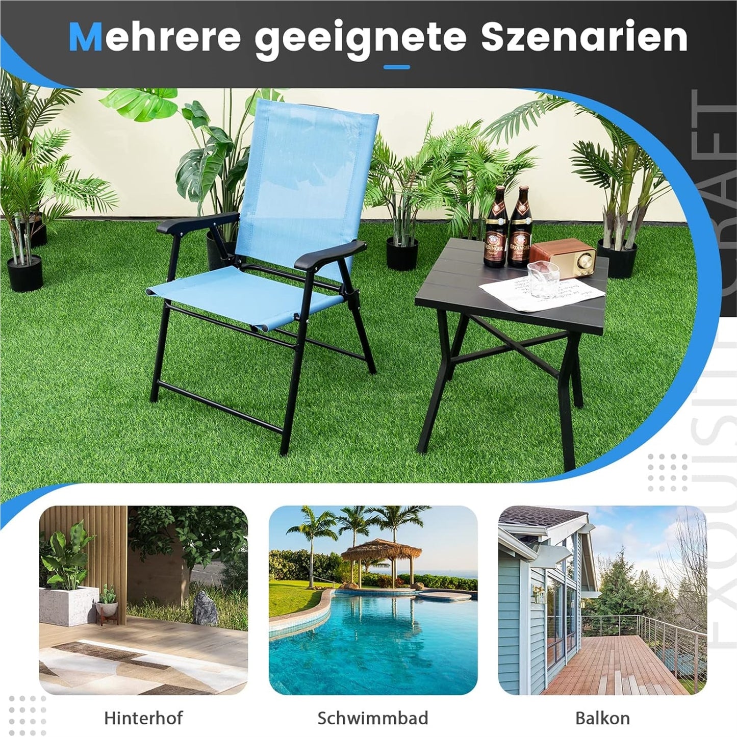 Tuinstoel – Klapstoel – Balkonstoel – Terrasstoel – Tuinstoelen Set – Weerbestendig – Inklapbaar Met Armleuningen – Metalen Frame – Blauw – Lichtgewicht