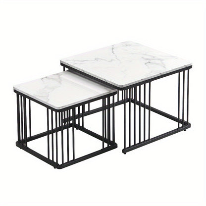Koffietafel Set – Salontafel – Bijzettafel – Lounge Tafel – Woonkamertafel – Hoogglans Marmerlook – Verstelbare Pootjes – Metaal – 2-delig – 60x60x45 & 45x45x40 cm