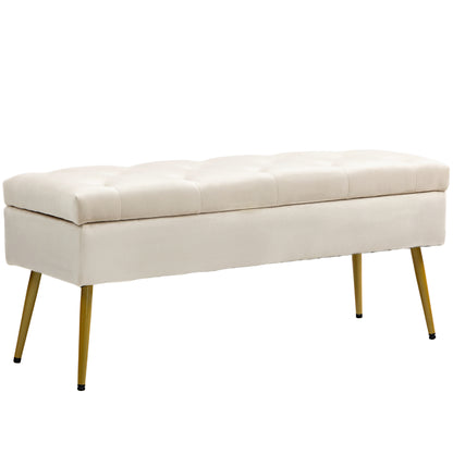 Opbergbank – Zitbank – Halbank – Opbergbox – Poef – Fluwelen Bekleding – Metalen Frame – 102x35x43 cm – Beige