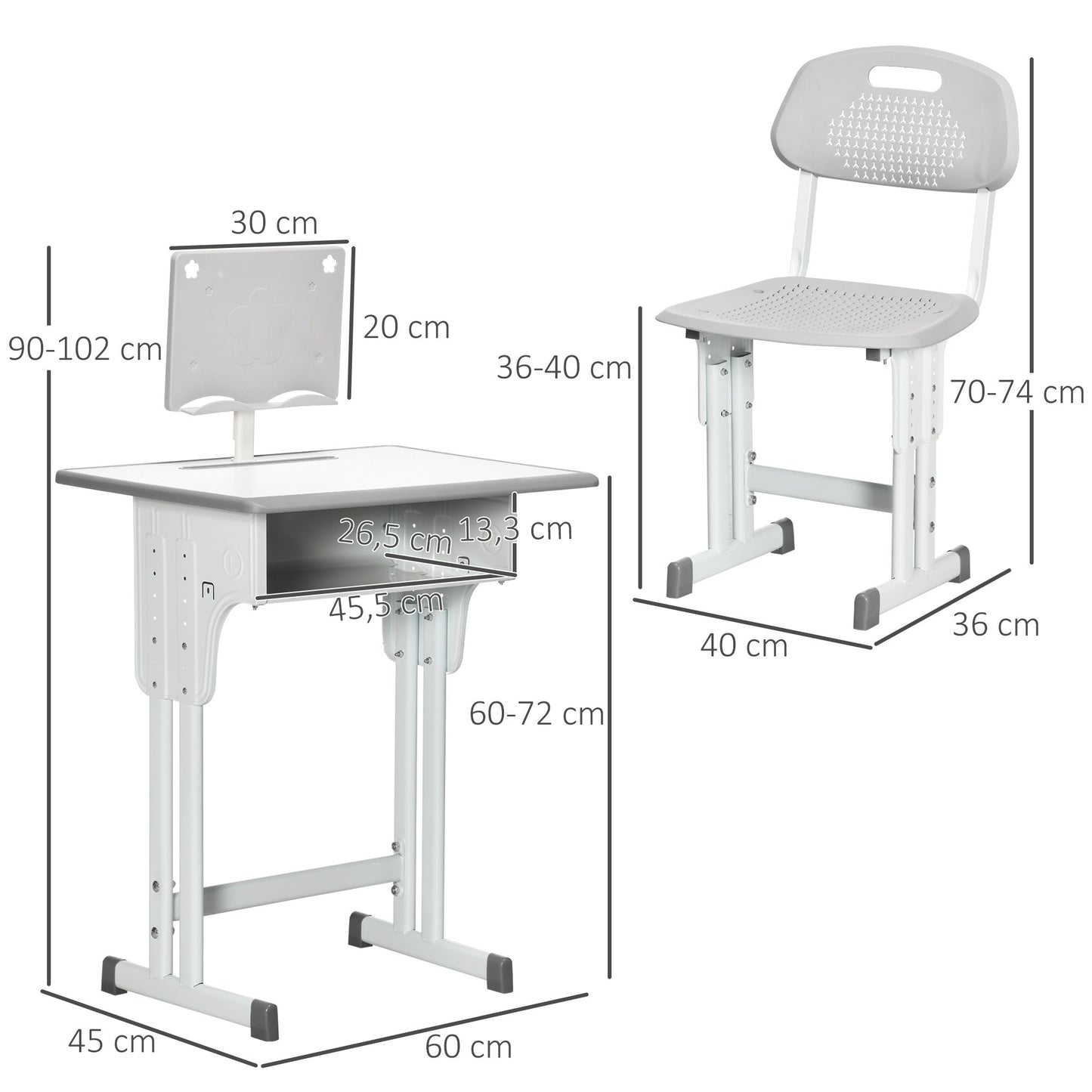 Kinderbureau – Kindertafel – Kindermeubel – Studiebureau – Bureau met Stoel – Verstelbare Hoogte – Met Boekensteun en Opbergruimte – Grijs-Wit – 60x45 cm