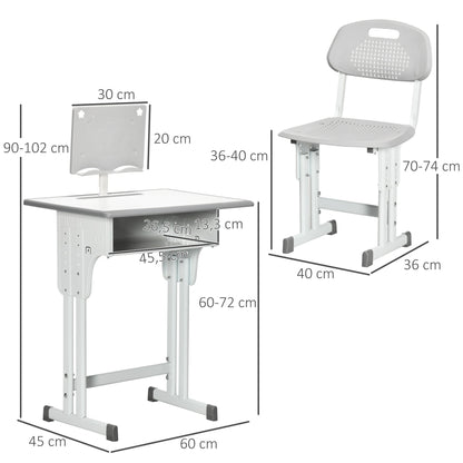 Kinderbureau – Kindertafel – Kindermeubel – Studiebureau – Bureau met Stoel – Verstelbare Hoogte – Met Boekensteun en Opbergruimte – Grijs-Wit – 60x45 cm