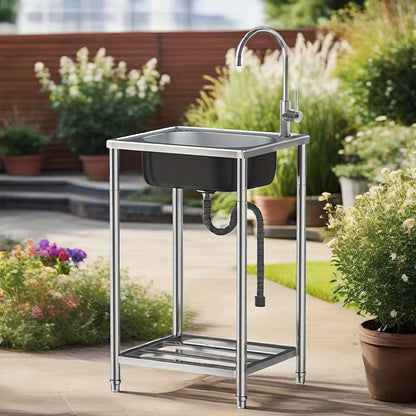 Single Bowl Kitchen Sink, Freestanding Garden Outdoor Sink, Movable Stainless Steel Sink, Essential Sink for Rentals, Sink with Hot And Cold Water Faucet, Suitable for Restaurants, Gardens, Garages, And Camping