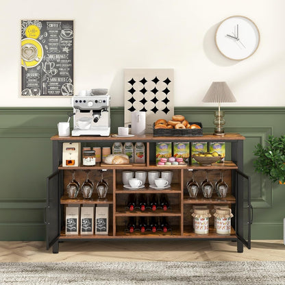 Sideboard – Dressoir – Keukenkast – Wandmeubel – Opbergkast – Met 2 Metalen Deuren – Wijnrek Met Glazenhouder – 140 x 40 x 82,5 cm – Robuust Metalen Frame – Ruime Open Vakken